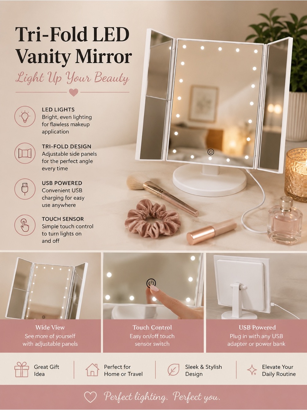 Tri-Foldβ LED Vanity Mirror with USB